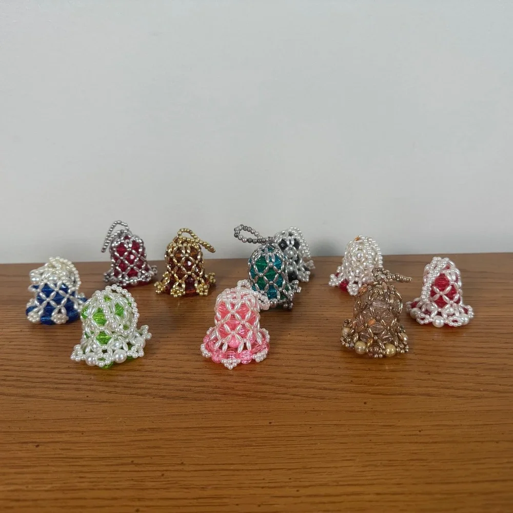 Vintage Lot of 10 Handmade Beaded Bell Christmas Ornaments Faux Pearl‎ MCM Retro